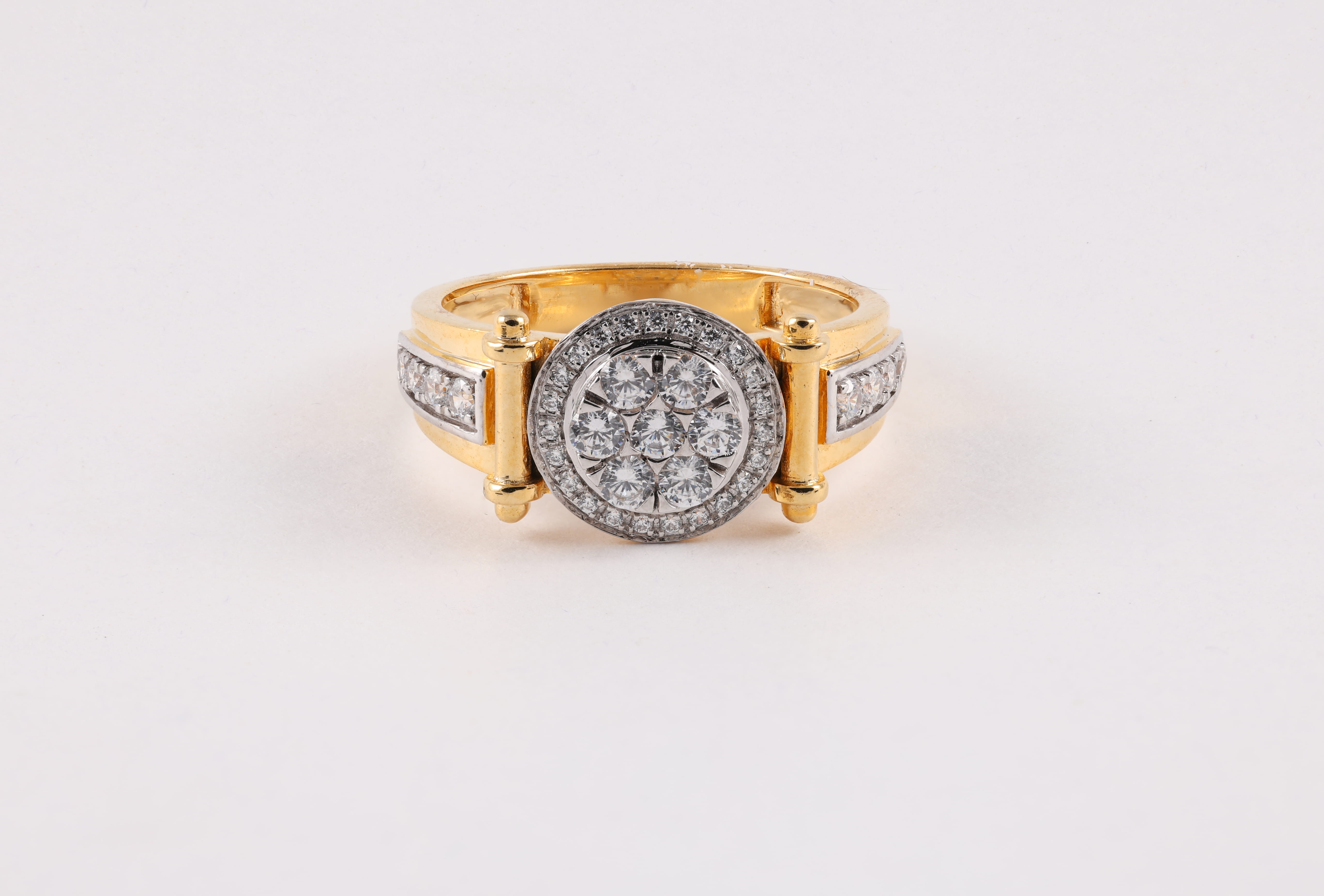 Yellow Gold Diamond Halo Ring with Column Accents