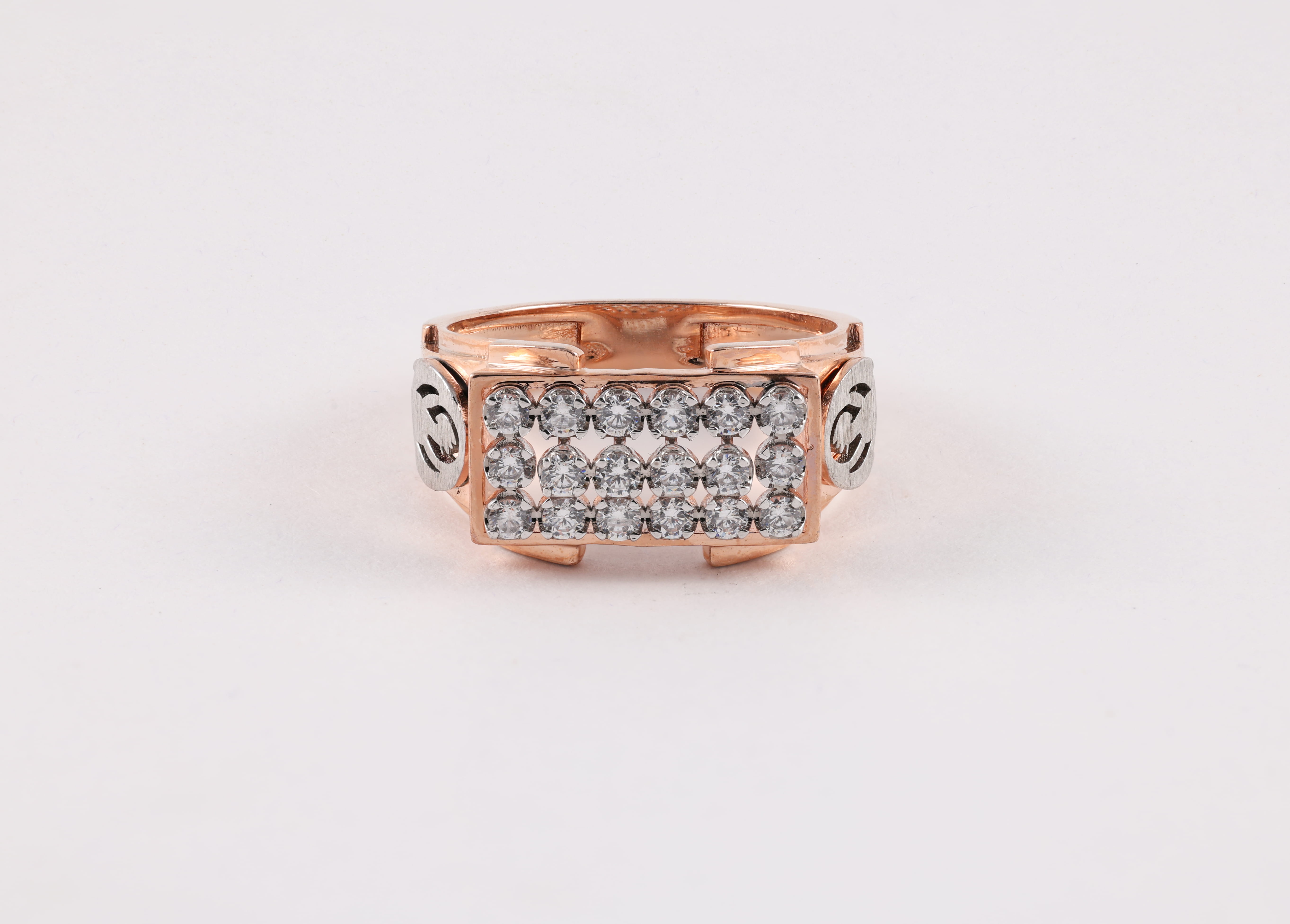 Rose Gold Diamond Bar Ring with Scroll-Cut Shoulders