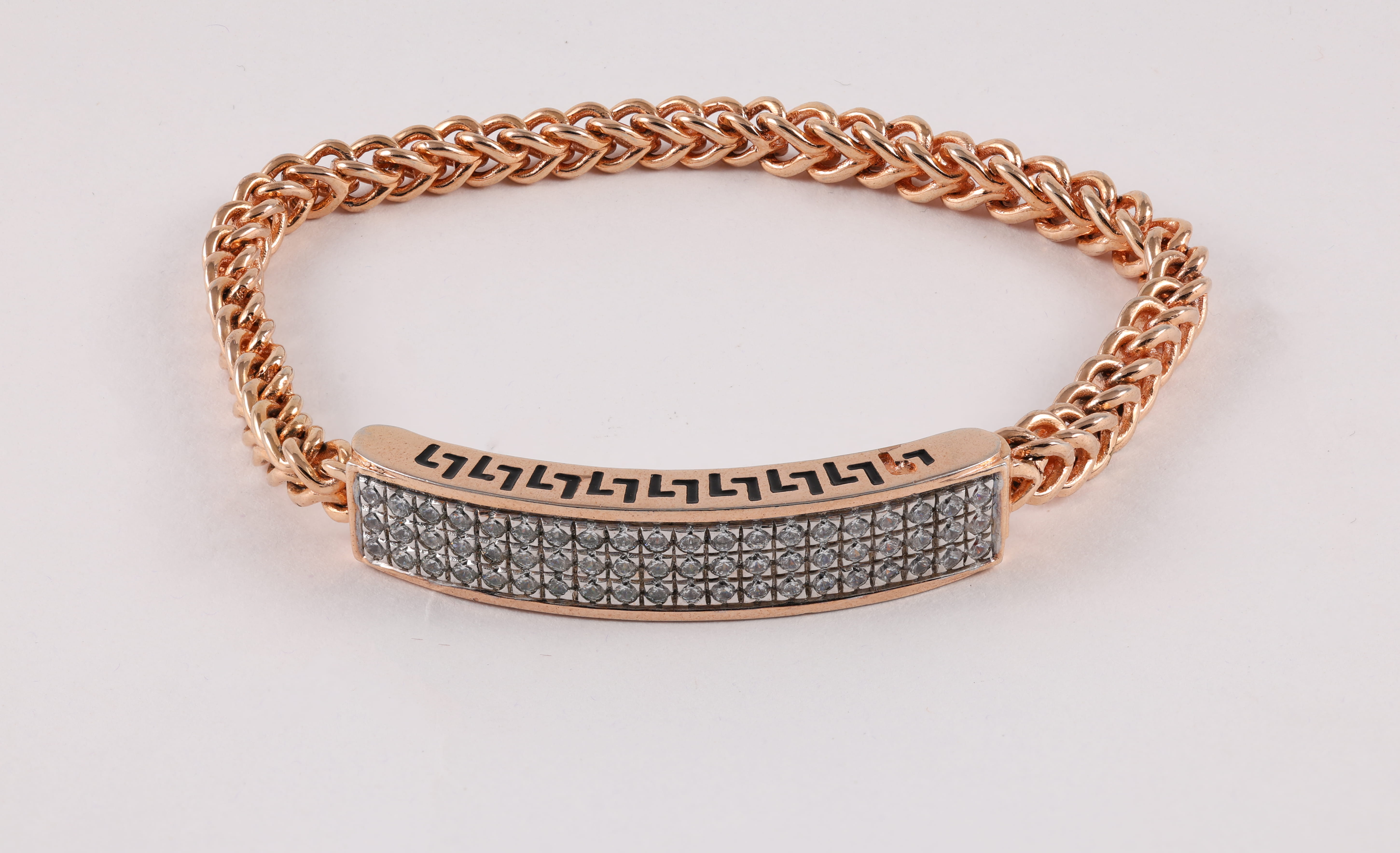 Rose Gold Diamond ID Bar Bracelet with Greek Key Detailing