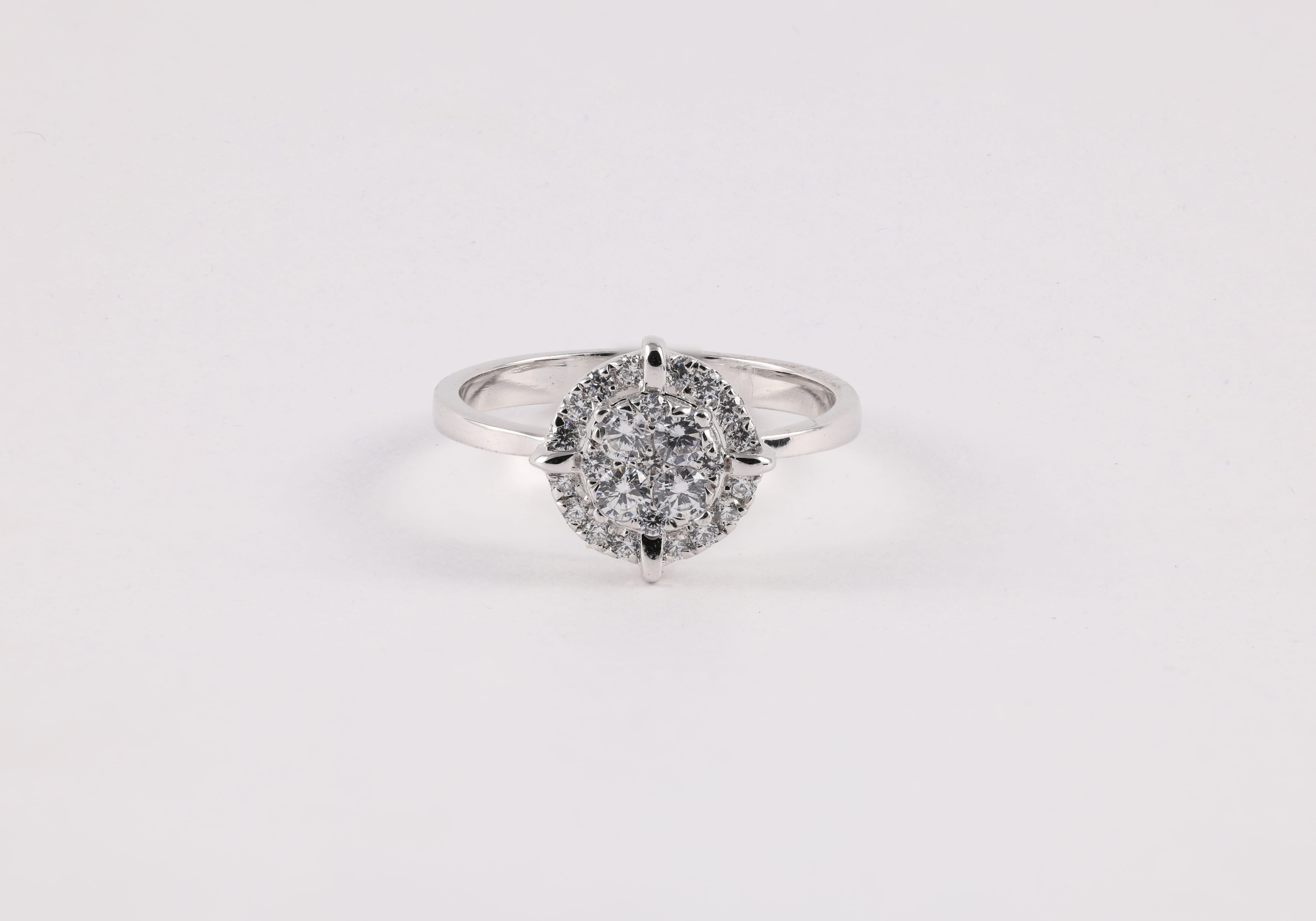 White Gold Diamond Halo Cluster Ring with Compass-Point Prongs