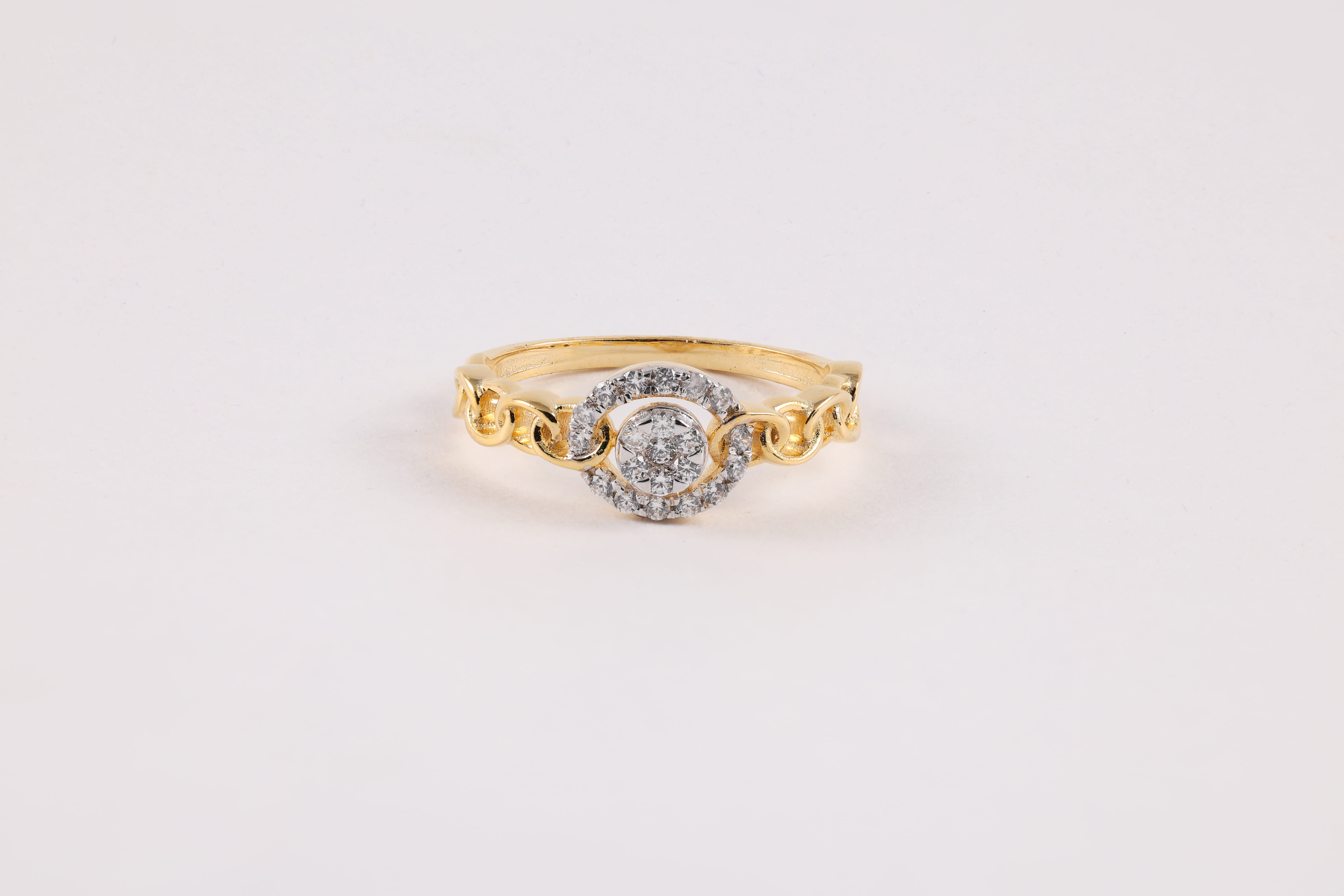 Yellow Gold Diamond Halo Ring with Scrolled Chain-Link Band