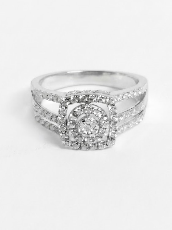 Triple Band Diamond Halo Cluster Ring in Sterling Silver