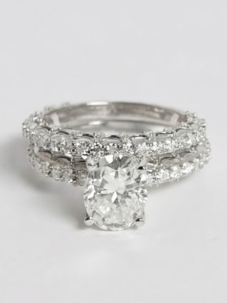 Oval Cut Diamond Engagement Ring with Pave Band and Matching Wedding Band Set