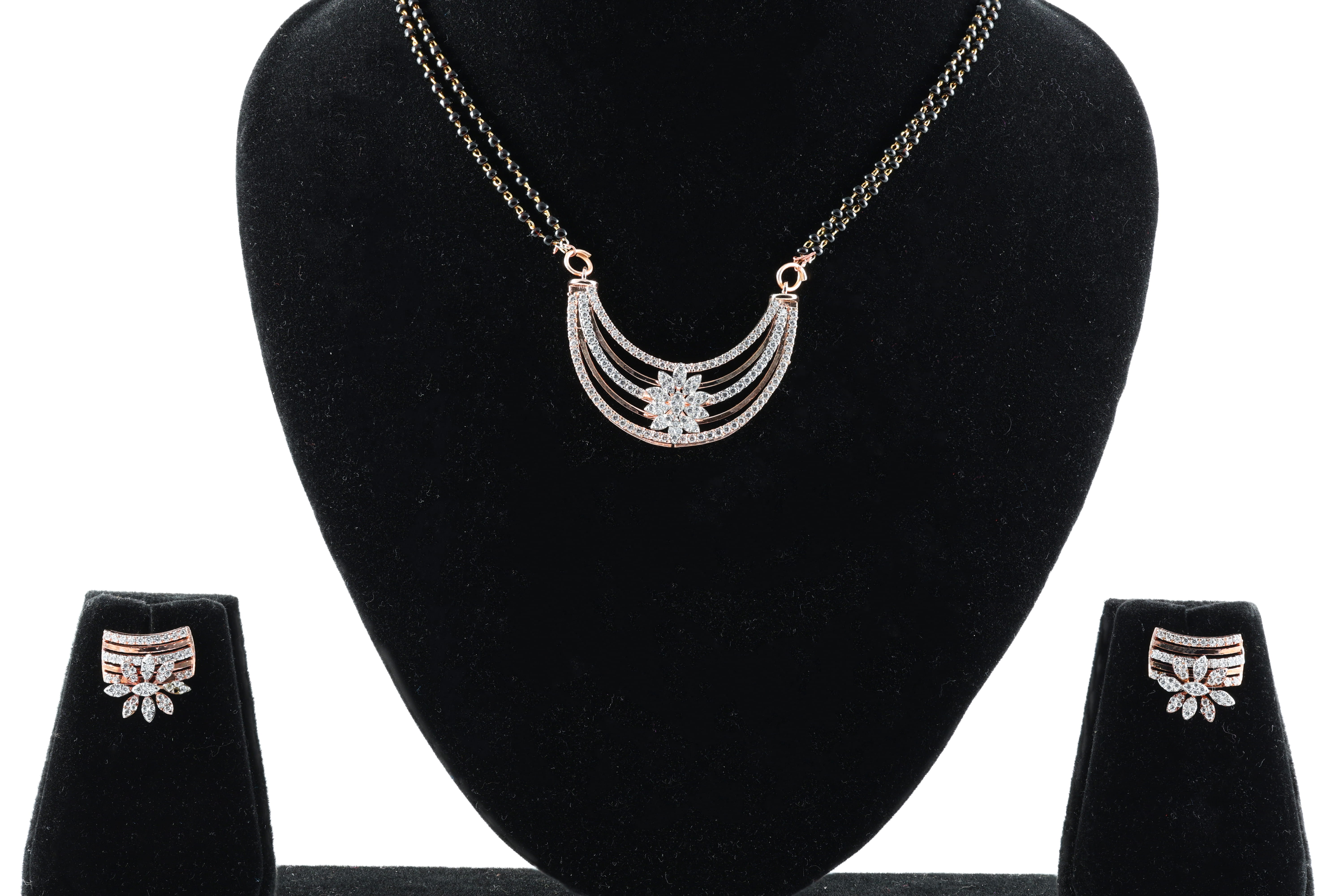 Floral Fan Design Real Gold Diamond Mangalsutra Set with Matching Earrings