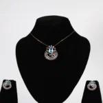 Peacock Crown Real Gold Diamond Pendant Set with Blue Stone and Matching Earrings